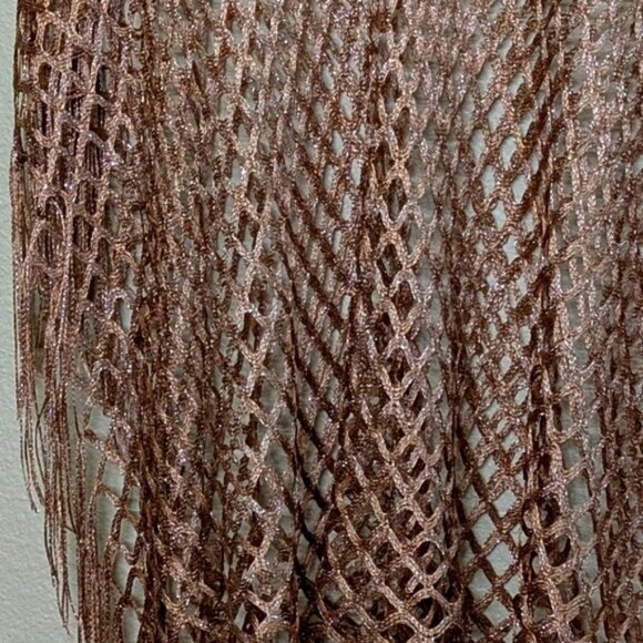 Handmade Boho Open Weave Copper Poncho With Fringed Hem & Shimmering Threads - Picture 6 of 6